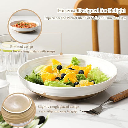 Hasense Pasta Bowls Set of 4, 8.7 Inch Ceramic Serving Bowls for Entertaining, 32 Oz Stackable Bowl Set for Soup, Pasta, Salad - Dishwasher & Microwave Safe, White