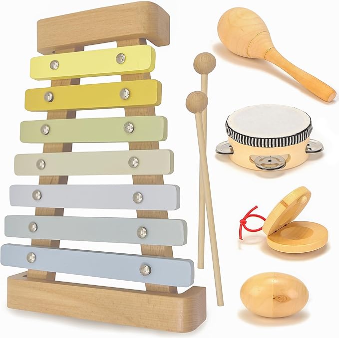 Natural Wood Baby Toys - Musical Toys for Toddlers 1-3: Toddler Musical Instruments Set of 5 in 1, with a Tambourine, Egg Shaker, Castanet, Maracas and Xylophone for Kids at All Ages