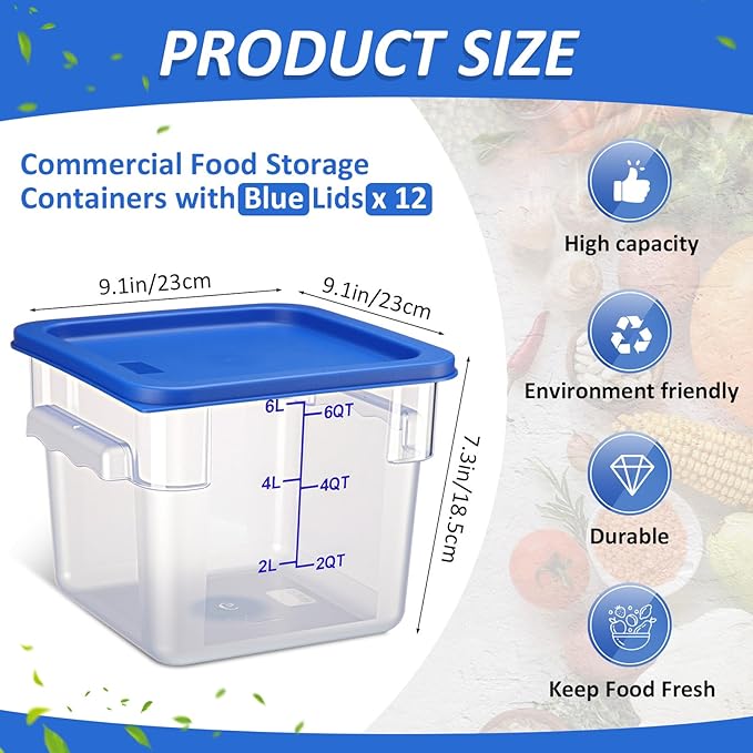Yungyan 12 Pcs 4 Qt Commercial Food Storage Containers with Lids Restaurant Square Airtight Food Storage Containers Clear Cereal Containers for Kitchen Freezer Dishwasher Pantry(Blue Lid)