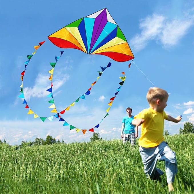 HONBO Large Delta Kite for Kids & Adults,Extremely Easy to Fly Kite for Beach Trip,String Line Included,with Colorful Tail,Perfect for Beginners