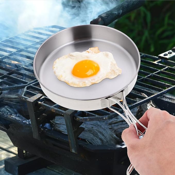Stainless Steel Camping Frying Pan, 5.82x5.82x1.18inch Portable Outdoor Cooking Pot with Handle Lightweight Non Stick Cookware for Hiking Picnics and Backpacking