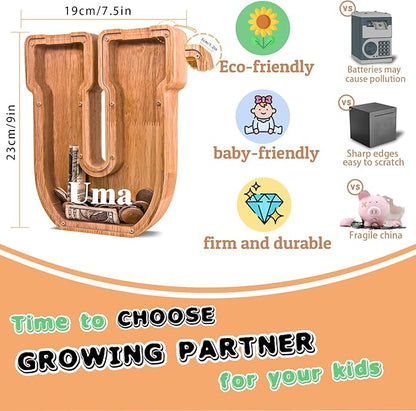 Wooden Letter Piggy Bank for Kids Larger Letter Piggy Bank for Boys and Girls Personalized Piggy Bank Initial Coin Bank Wood Kids Money Bank for Birthday and Festival