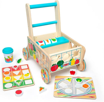 Melissa & Doug Wooden Shape Sorting Grocery Cart Push Toy and Puzzles - Pretend Play Grocery Toys, Sorting and Stacking Toys for Infants and Toddlers Ages 1+ - FSC-Certified Materials