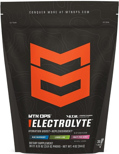 MTN OPS Electrolytes Powder Packets, Sugar Free Hydration Packets, Gluten-Free Hydration Powder, Electrolyte Packets STM ?œStraight to Mouth??- Variety Pack of 3 Flavors, 30 Packs
