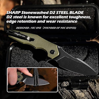 Hightron Mini Ventura Flipper Pocket Knife, 2.85" D2 Blade and Ergonomic G10 Handle, EDC Folding Knives for Camping Survival Hiking tool for Men Women (Green-B)