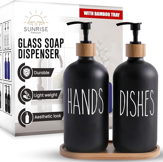 Sunrise Premium 16 OZ Thick Black Glass Soap Dispenser, Bamboo Pump