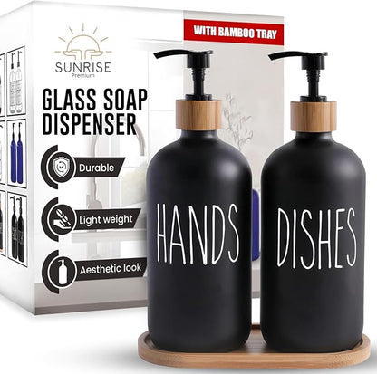 Sunrise Premium 16 OZ Thick Black Glass Soap Dispenser, Bamboo Pump