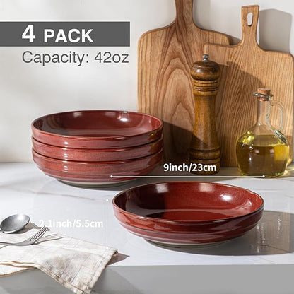 HAPPY KIT 9'' Pasta Bowls, 42oz Pasta Bowls Set of 4, Large Salad Bowl, Ceramic Serving Bowls,Double Reactive Glaze, Ideal for Housewarming, Festivals, Microwave Safe (Dark Ruby)