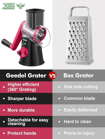 Geedel Rotary Cheese Grater, Kitchen Mandoline Vegetable Slicer with 3 Interchangeable Blades, Easy to Clean Rotary Grater Slicer for Fruit, Vegetables, Nuts