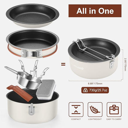Odoland 10pcs Camping Cookware Non-Stick Camping Pot and Pan Set with Plate Bowl Fork Knife Spoon for Backpacking, Hiking, Outdoor Cooking and Picnic
