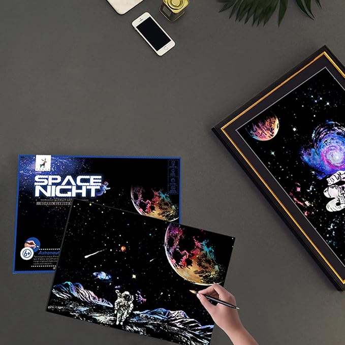 3 Pack Scratch Art Paper Set (16"x11.2") Space Series Series Creative Rainbow Sketches Engraving Craft Kit for Kids & Adults - Cosmos, Astronauts, Starry Sky Painting - 5 Tools: Drawing Pens, Brush
