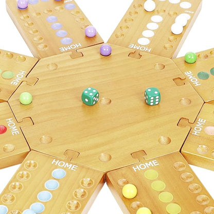Marble Board Game,Wooden Board Game for 6-8 Players,Portable Design Marble Game with 32 Marbles 16 Dice, Family Game Night Gift for Kids & Adults