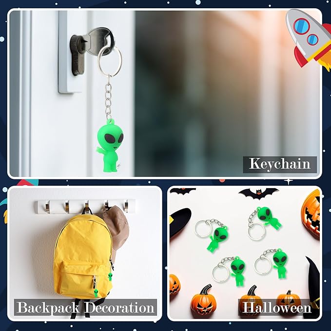 50 Pcs Alien Party Favors Alien Keychains Glow in The Dark Space Keychain Mini Aliens Figures Little Bulk Gift Prizes Goodie Bag Piñata Halloween Stuffers for Music Festival Easter (Green)