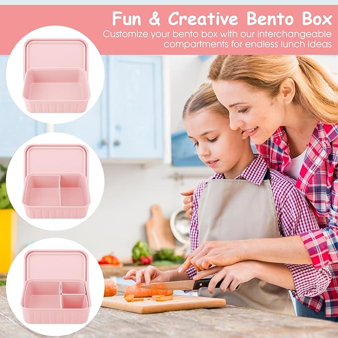Bento Lunch Box for Kids-Reusable Silicone Kids Bento Box Lunch Container Leakproof Lunchbox Meal Prep Food Storage Containers with 3 Removable Compartments–Dishwasher Safe/BPA Free/Portion Control