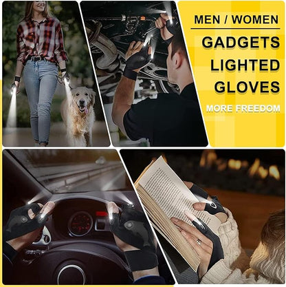 LED Rechargeable Flashlight Gloves, Gifts for Men, for Dad, Cool Stretchy Fingerless Light Gloves Gadget for Repairing Fishing Camping and Car Repairing, 1 Pair