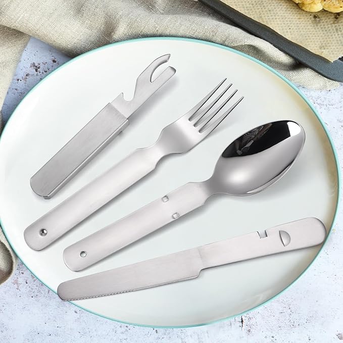 Portable Flatware Silvery Silverware Camping Stainless Steel Cutlery Set Outdoor Travel Knife Fork Spoon Bottle Opener 4 Pieces Foldable Durable Easy to Clean