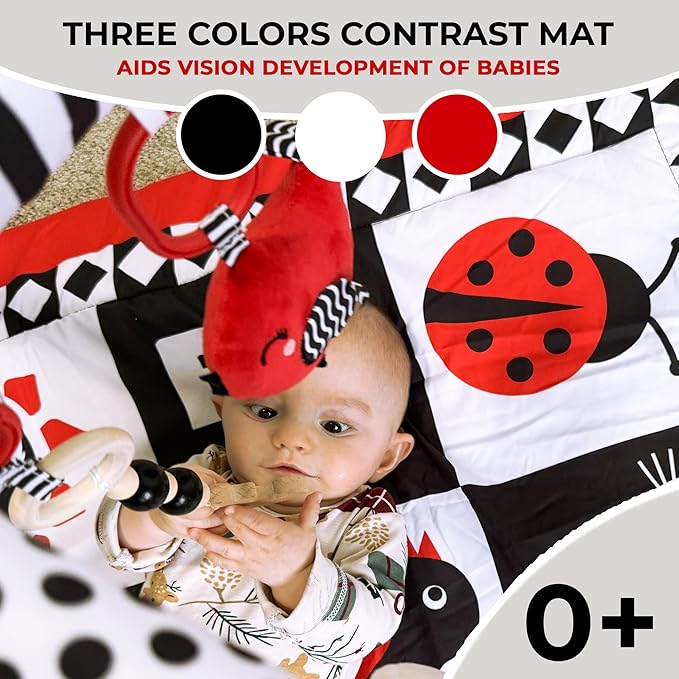 QUOKKA Padded Baby Gym Mat for Floor Tummy Time - High Contrast Baby Kick and Play Gym Mat - 6 Toys | Thick Pad | Machine Washable | Black White Red Colors for Vision Development