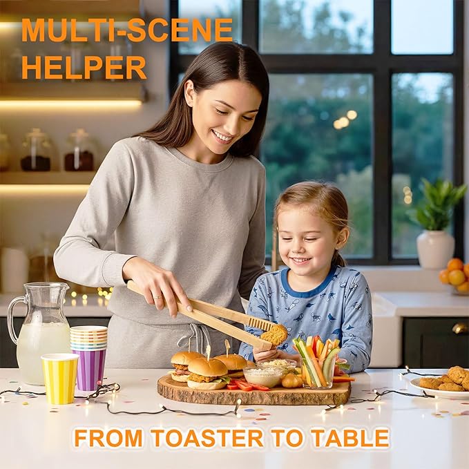 2 Pack Premium Bamboo Toaster Tongs, 10 Inches Natural Wooden Tongs with Serrated Tips for a Secure Grip on Toast, Bagels, Pastries, and Salads, Reusable for Cooking & Serving
