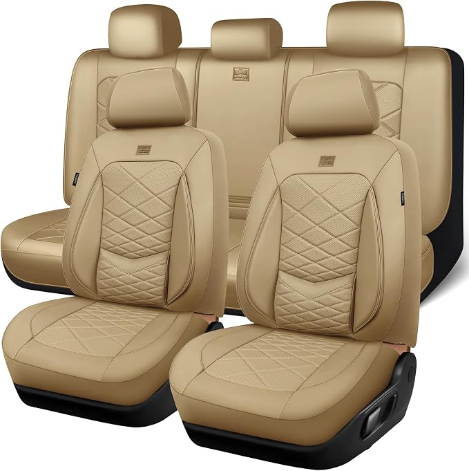 CAR PASS Luxury Nappa Leather Seat Covers Full Set, Water Resistant Faux Leather Seat Cover with Lumbar Support, Breathable Automotive Seat Covers Universal Fit for Sedan SUV Van Truck, Pure Beige