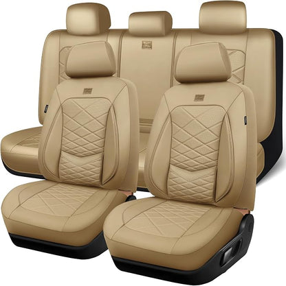 CAR PASS Luxury Nappa Leather Seat Covers Full Set, Water Resistant Faux Leather Seat Cover with Lumbar Support, Breathable Automotive Seat Covers Universal Fit for Sedan SUV Van Truck, Pure Beige