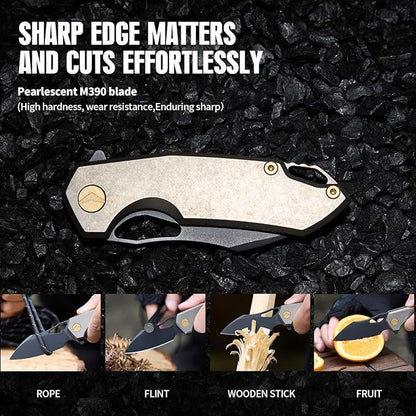 Folding Knife pocket knife EDC Knife With Clip Survival knife Camping knife - M390 Steel Titanium Handle - Outdoor Camping Survival Hunting knife with Sheath (Bronze)