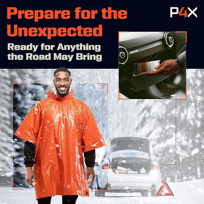 PREPARED4X Emergency Poncho and Mylar Blanket Liner - Waterproof, Wind-Resistant Outdoor Rain Poncho for Camping, Emergencies