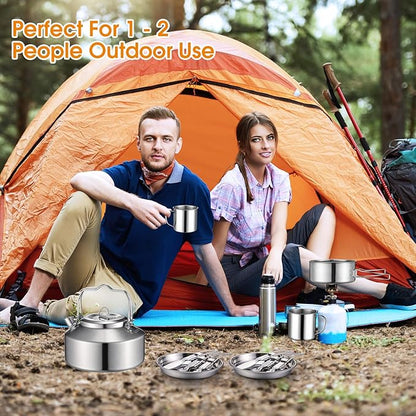 15 Pcs Camping Cookware Mess Kit Outdoor Cooking Set Stainless Steel with Pot and Pan Kit 2 Set Stainless Steel Cups Plates Forks Knives Spoons for Camping Backpacking Cooking Picnic