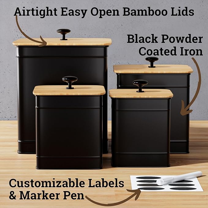 Kitchen Canisters for Countertop Set of 4 with Customizable Chalkboard Labels & Marker Pen - Big Iron Kitchen Canisters with Airtight Lids - Black Canister Set - Flour and Sugar Containers Farmhouse