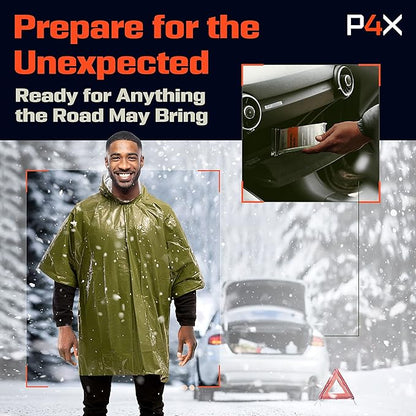 PREPARED4X Emergency Poncho and Mylar Blanket Liner - Waterproof, Wind-Resistant Outdoor Rain Poncho for Camping, Emergencies