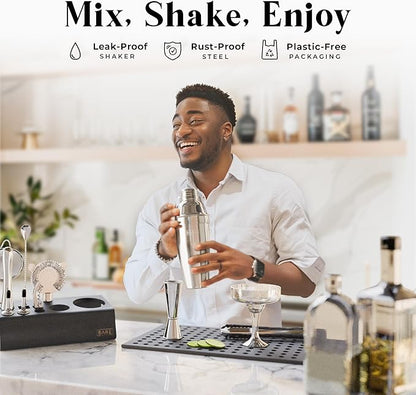 BARE BARREL® Mixology Bartender Kit Bar Set | 14-Piece Cocktail Shaker Set | Martini Barware Mixing Tools for Home Bartending | Incl. 35 Recipe Cards | Gift Set (24oz Cobbler Shaker, Silver/Black)