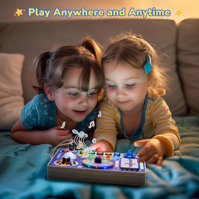 JoyCat Busy Board with Led Light, Toddler Toys for 1 2 3 4 Year Old Boys and Girls, Wooden Sensory Toys with Music, Travel Toy for Toddlers 1-3, Birthday Presents (Blue)