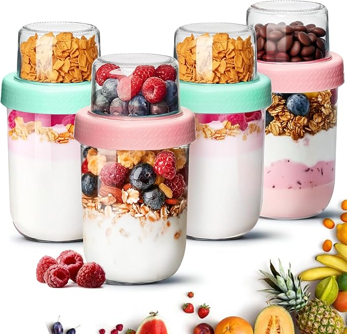 ComSaf Overnight Oats Containers with Lids (16oz+4oz, 4Pcs), Dual-Laryer Chia Pudding Jars with Dry and Wet Separation, Yogurt Parfait Cups for Oatmeal Cereal Nut Fruit, Meal Prep Glass Jars for Salad
