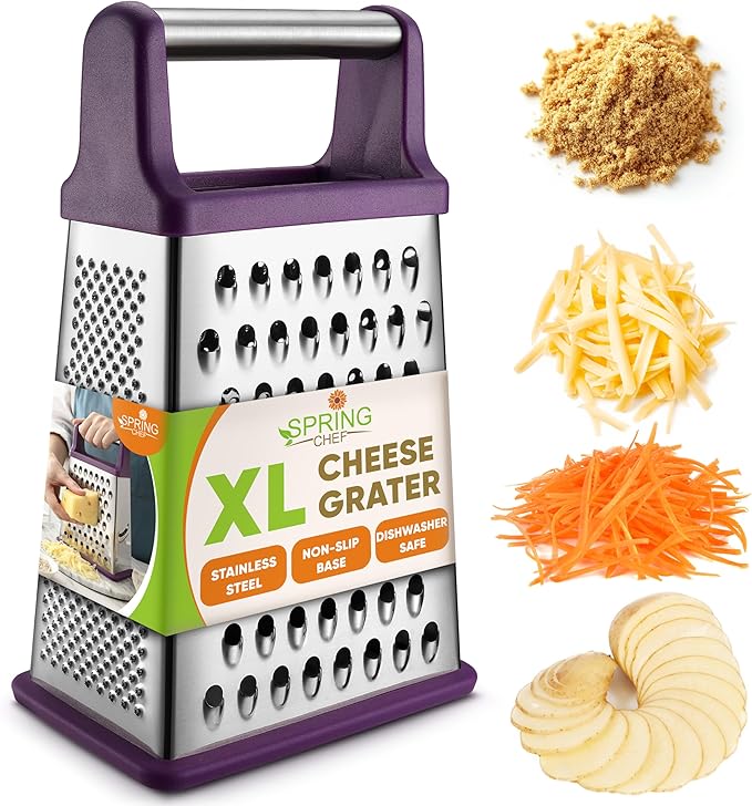 Spring Chef Purple Professional Stainless Steel XL Parmesan Cheese Grater with Handle - Manual Box Grater for Kitchen, 4 Sides, Dishwasher Safe Food Shredder for Vegetable, Potato, Hard Cheese, Carrot