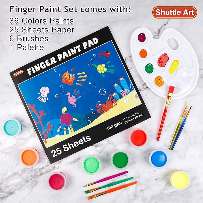 Shuttle Art Washable Finger Paint, 44 Pack Kids Paint Set with 36 Colors Toddler Paints(30ml, 1oz) for Toddlers, Paint Brushes, Finger Paint Paper Pad, Palette, Non Toxic Paint for Kids Art & Craft