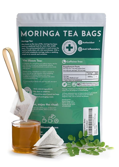 Vital Bloom 120 Tea Bags Moringa Tea, 100% Natural Moringa Leaves Herbal Tea, Supporting Digestion & Immune System - Bleach Free Tea Bags, Non-GMO (Free Bamboo Tongs Included)