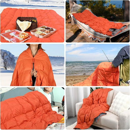 Down Camping Blanket, Muti-Use Outdoor Travel Blanket, Puffy Sleeping Bag Blanket, Waterproof Packable Backpacking Quilt for Camping, Travel, Airplane, Hiking, Picnic, 55''x79''