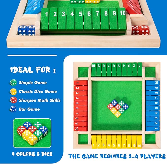 Shut The Box Game, 4-Player Wooden dice Game That's Perfect for Parties and Gatherings. It enhances Math and Decision-Making Skills While Providing Endless Entertainment.