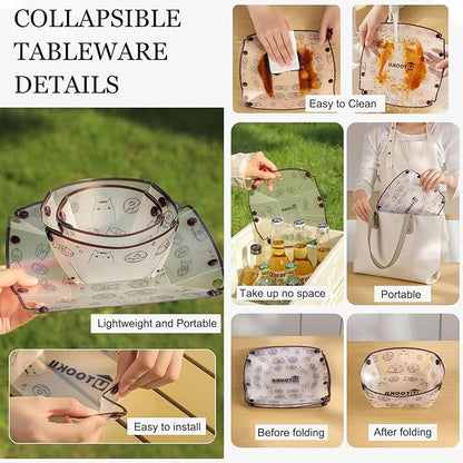 MIUPOO Collapsible Plate Set,Portable Mess Kit,Food Grade Material Free Folding Plate for Lunch Family Picnic, 8×7.5×2.2 Inches,4 Pieces.