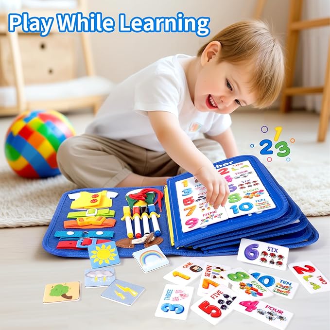 12-Page Toddler Busy Board Montessori Toys, Busy Book for Toddlers, Boy Girl Birthday Gift,Toddler, 24 in 1 Activity Sensory Toys for Motor Skills, Travel Toy for Car Airplane (Blue)