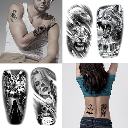 82 Sheets Halloween Temporary Tattoos, 3D Scary Lion Wolf Tiger Skull Skeleton Spider Fake Tattoos Stickers for Men Women Adults