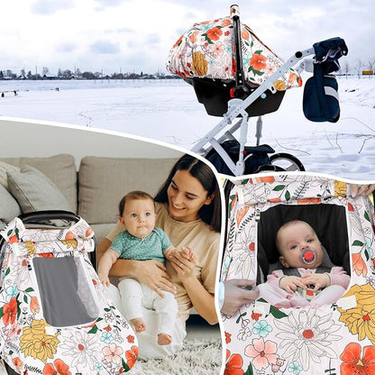 Baby Carseat Cover Girls, Pea Pod Infant Car Seat Covers Canopy for Newborn with 2 Layers Windows of Breathable Mesh/Fabric, Lightweight Polyester/Minky Dot Backing, Snug Fit Most Baby Car Seat