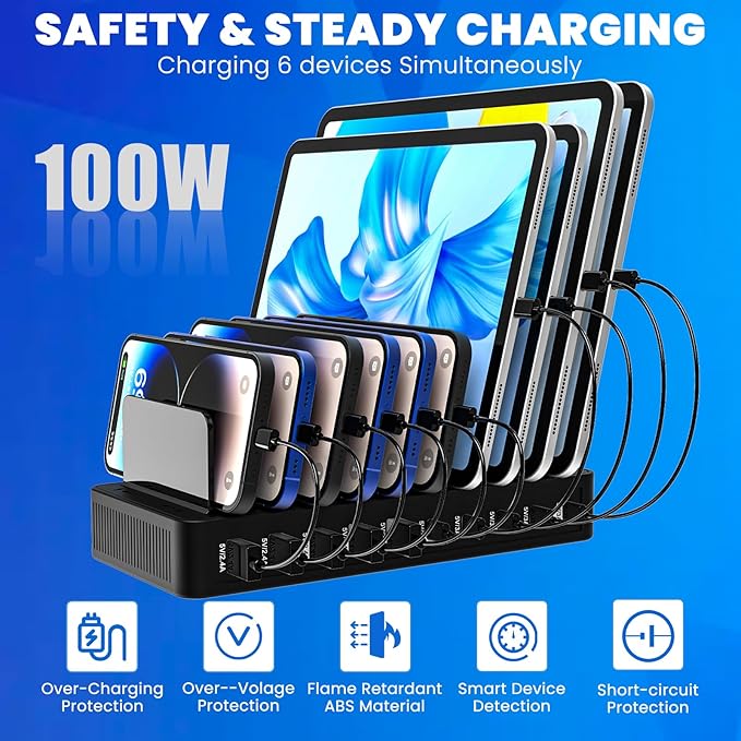 RISWOJOR Charging Station for Multiple Devices, 100W 10 Ports Charging Dock