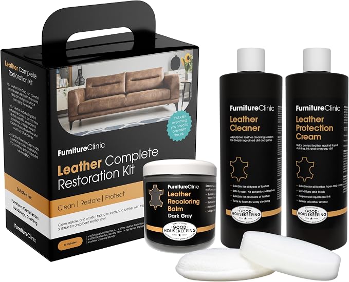 Furniture Clinic Leather Complete Restoration Kit | with Leather Recoloring Balm, Cleaner, 2-in-1 Protection Cream & Conditioner, Sponge, and Cloth | Repair Kit for Furniture (Dark Grey)