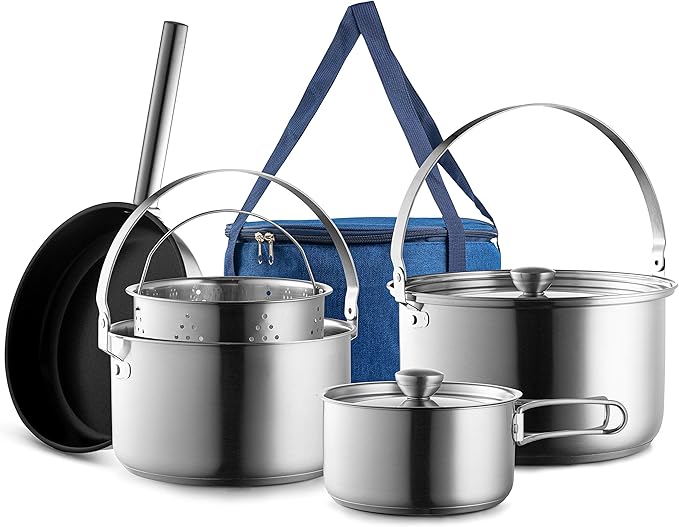 Camping Cookware Set 304 Stainless Steel 8-Piece Pots & Pans Open Fire Cooking Kit | Frying Pan Steamer with Travel Tote Bag | Compact for Outdoors & Indoors Kitchen Campfire Hiking RV