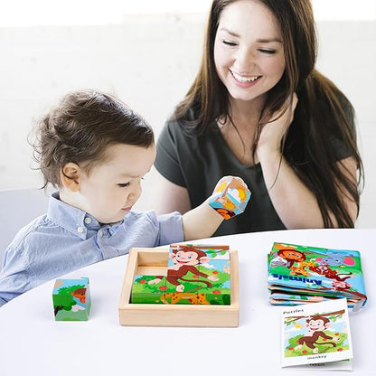 Wooden Animals Block Puzzles for Kids, Puzzles for Ages 2-4 with Book, Jigsaw Puzzles Preschool Learning Educational Toys Gift for Boys Girls, Wood Farm Cube Puzzles for Toddlers 2 3 4 5 6 Years Old