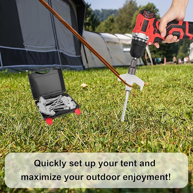 12 Pcs Tent Stakes Heavy Duty, 8 in Ground Anchors Screw in, Grow in the Dark Screw in Tent Stakes, Camping Stakes with Storage Box, Threaded Tent Spikes with Hex Head Driver and Stake Puller