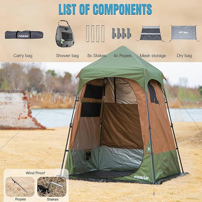 Camping Shower Tent Deluxe Changing Room Easy Set Up Privacy Shelter,Large Toilet Tent with Floor Drain Design for Beach, Camping,Hiking with Stakes and Ropes for Stability