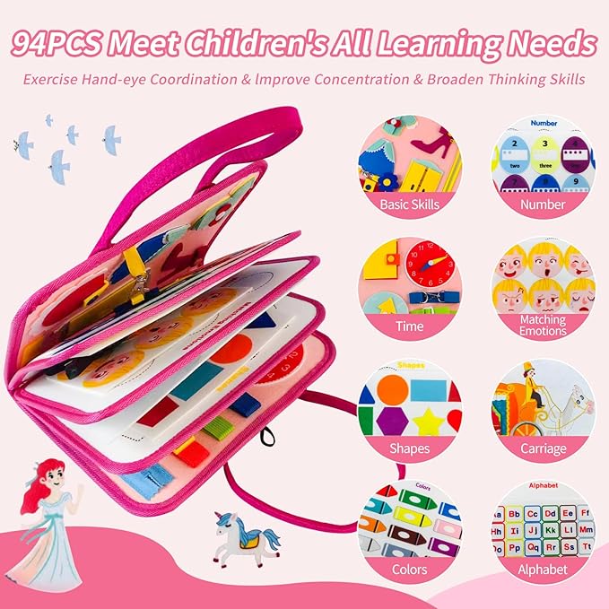Montessori Busy Board for Toddlers Sensory Activity Board with Zipper, Buckle, Laces - Educational Travel Toy, Learning Fine Motor Skills, Montessori Toys