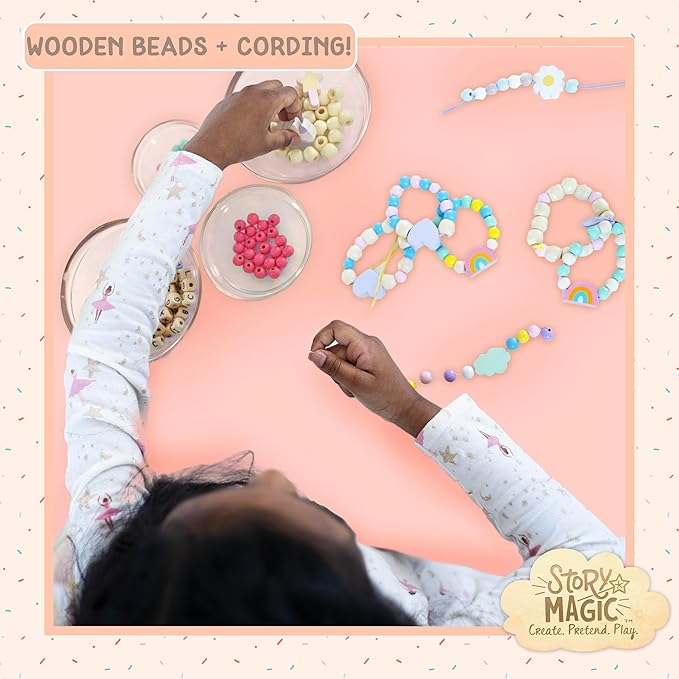 Story Magic Wooden Flower Bead Set, Over 300 Large Hole Wood Beads & Charms for Beading Bracelets, Bracelet Making Kit, Flower Bracelet Kit, Whimsical Bracelet Charms, Storage Tray Included, Ages 4+