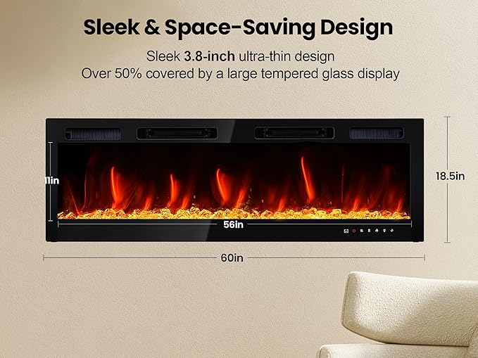 RealSmart Electric Fireplace Heater Inserts 60" Wall Mounted Electric Fireplace